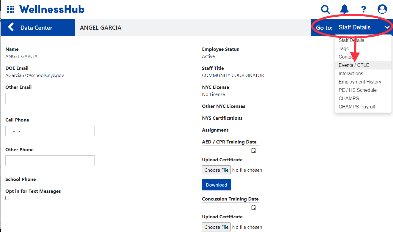 Staff Details is circled with an arrow pointing to Events CTLE.PNG